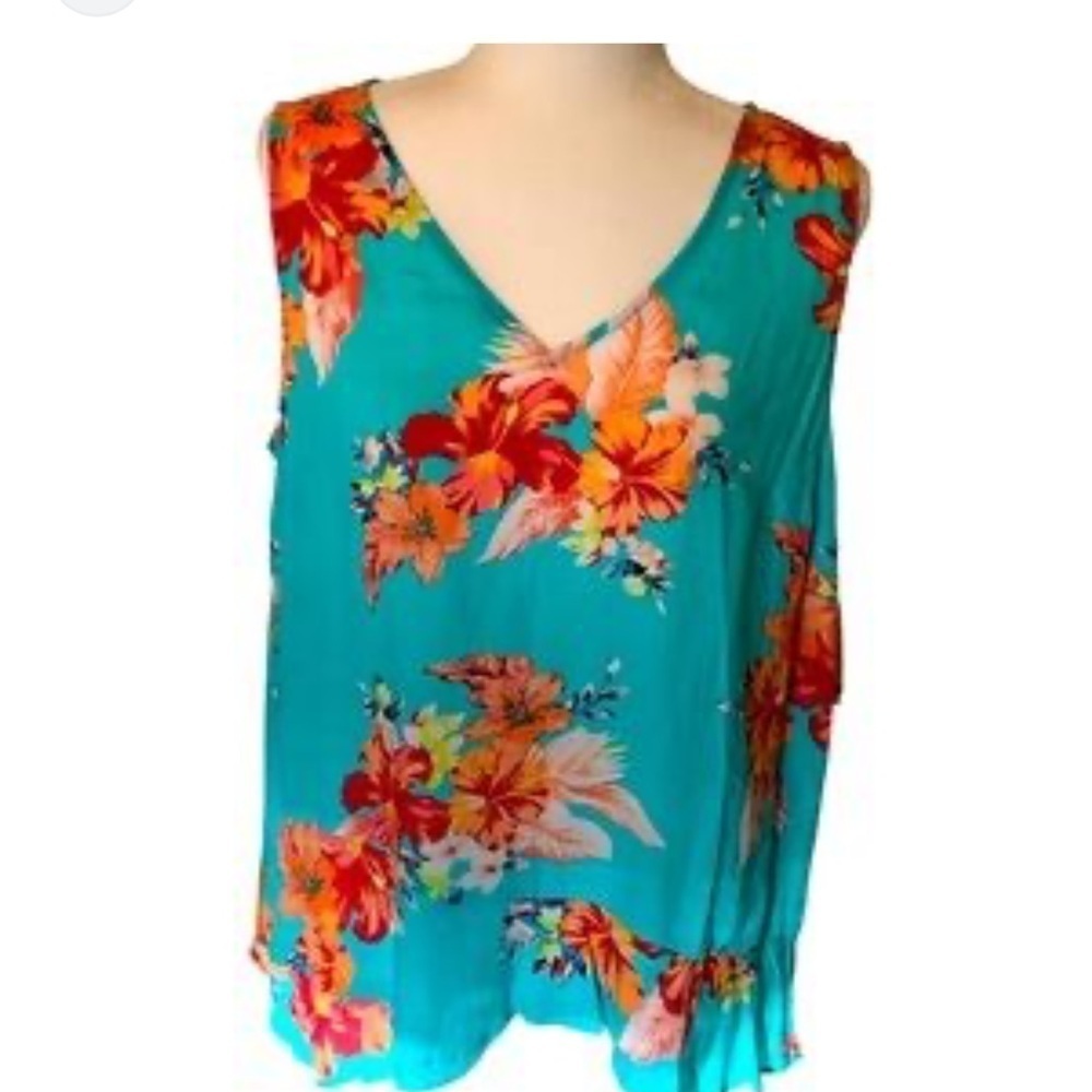 a.n.a tank top with flutter bottom aqua blue, orange, red yellow flowers small - Picture 6 of 10